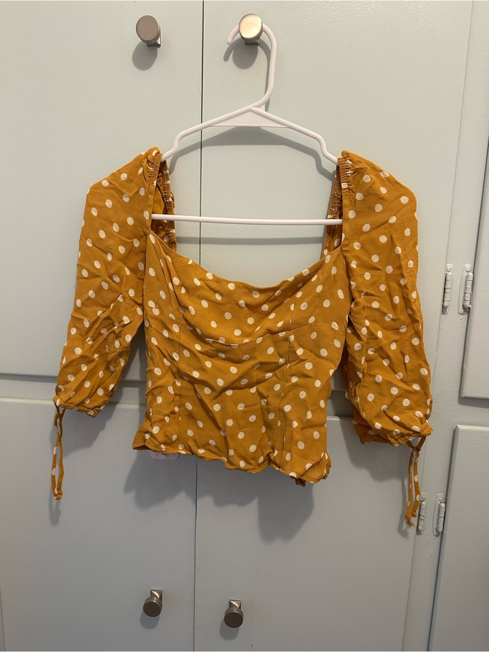 Reformation Mustard Yellow Polka Dot Puff Sleeve Crop Top